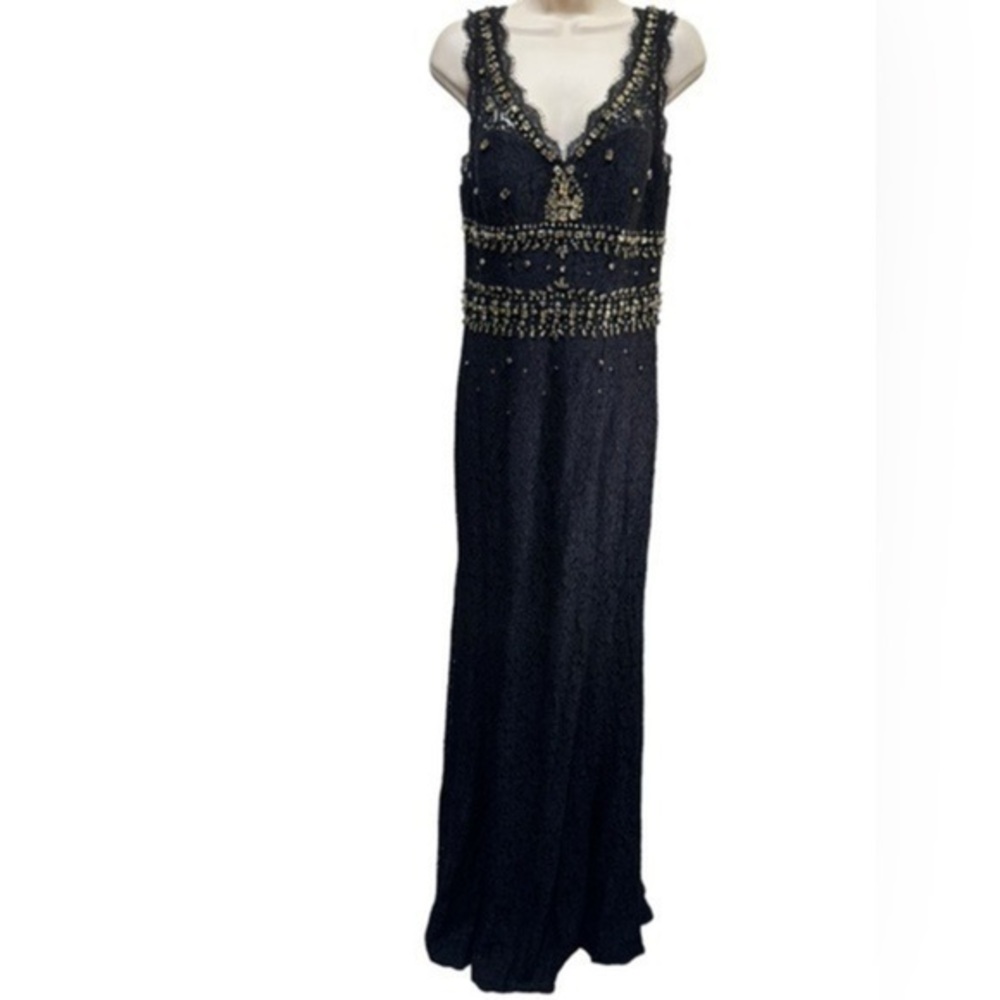 Adrianna Papell Gold beaded Embellished sleeveless Lace Evening Black Gown